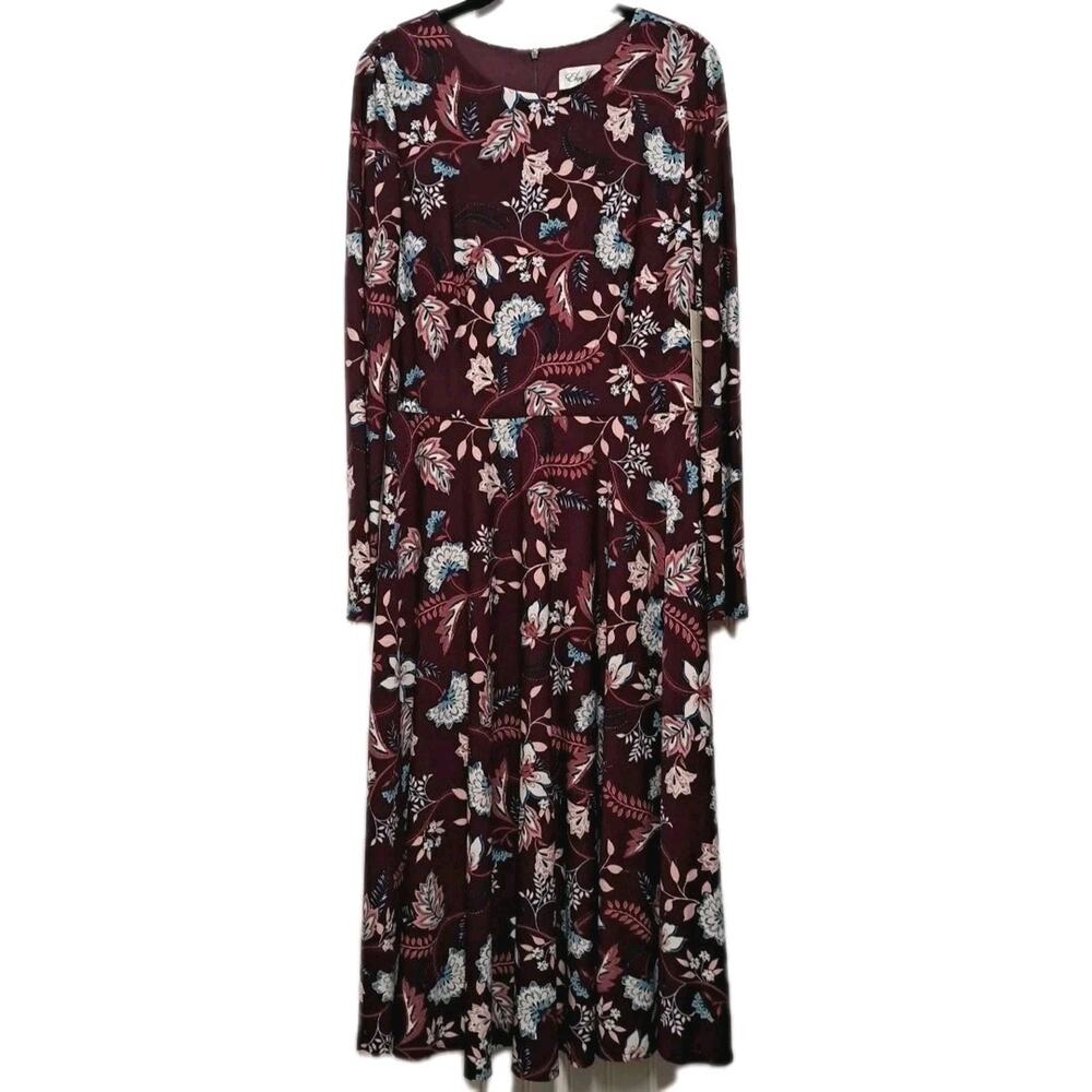 NWT Eliza J Long Sleeve Midi Dress Womens 12 Purple Floral Print Jersey Modest